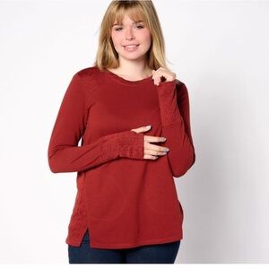 LOGO by Lori Goldstein Women's Top LogoLife French Terry Mixed Red Thumb Holes L